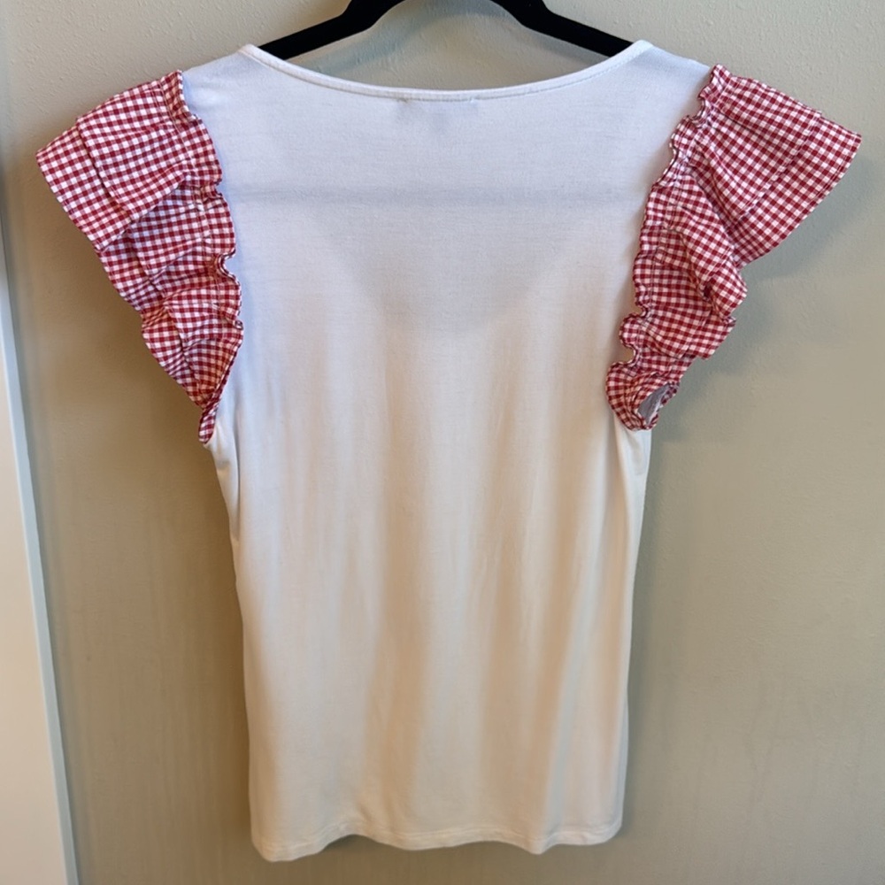 1. State White Scoop Neck Top with Red Gingham Ruffle Sleeves - Picture 5 of 6